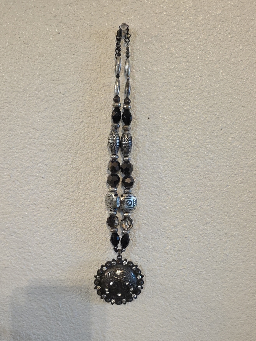 Silver-Tone Black Beaded Pendant Necklace